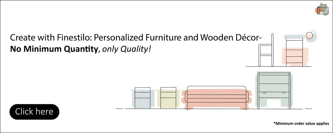 Illustration of chairs and cabinets promoting Finestilo's custom luxury furniture and decor services.