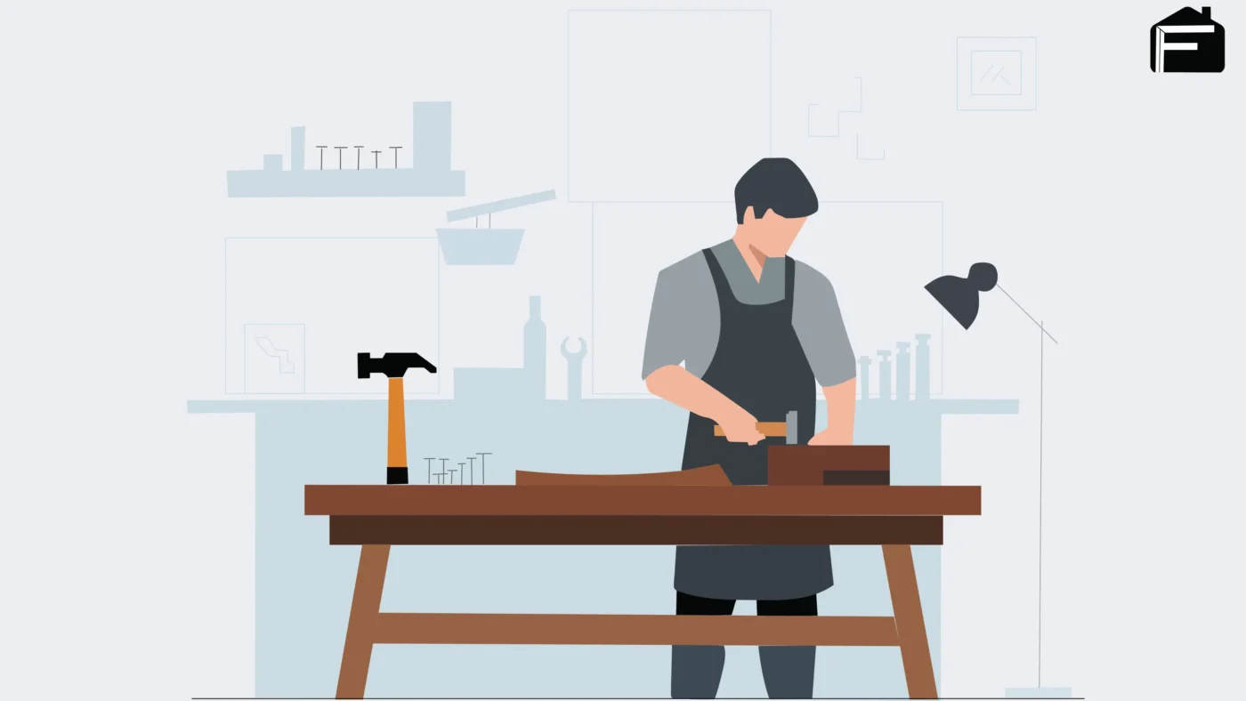 Illustration of a carpenter crafting wood with a hammer, representing modern decor and natural finishes.