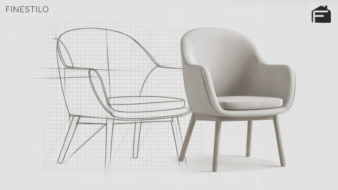 Illustration of custom-built furniture showing sketched and 3D rendered chair design with luxury finishes