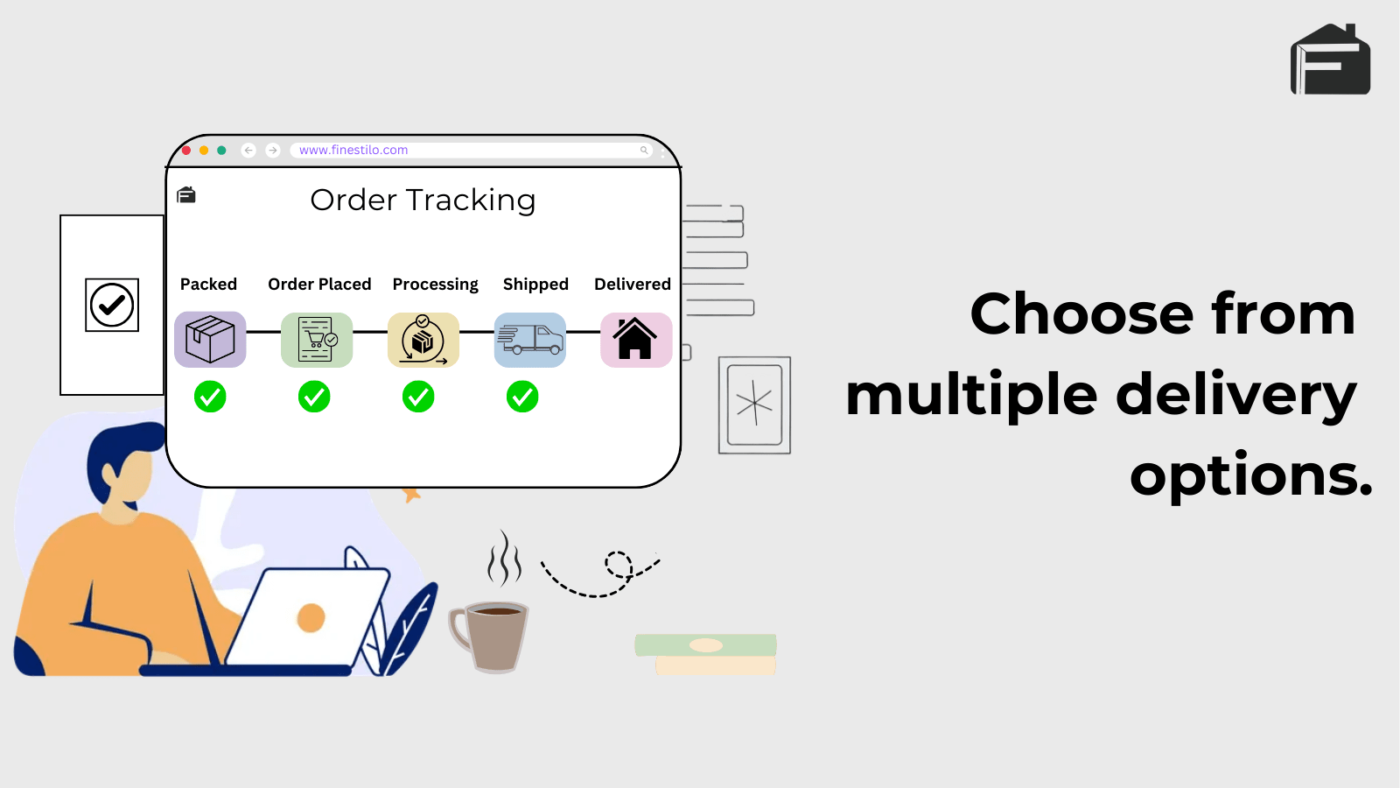 Illustration showing order tracking for custom built furniture with multiple shipping options and progress steps.