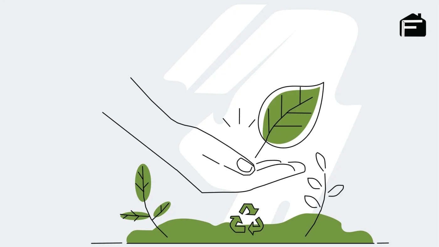 Line illustration of a hand holding a leaf, symbolizing Finestilo’s sustainable practices.