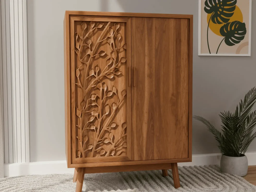 Luxury home decor wooden cupboard with carved leaf design, crafted with care for timeless elegance.