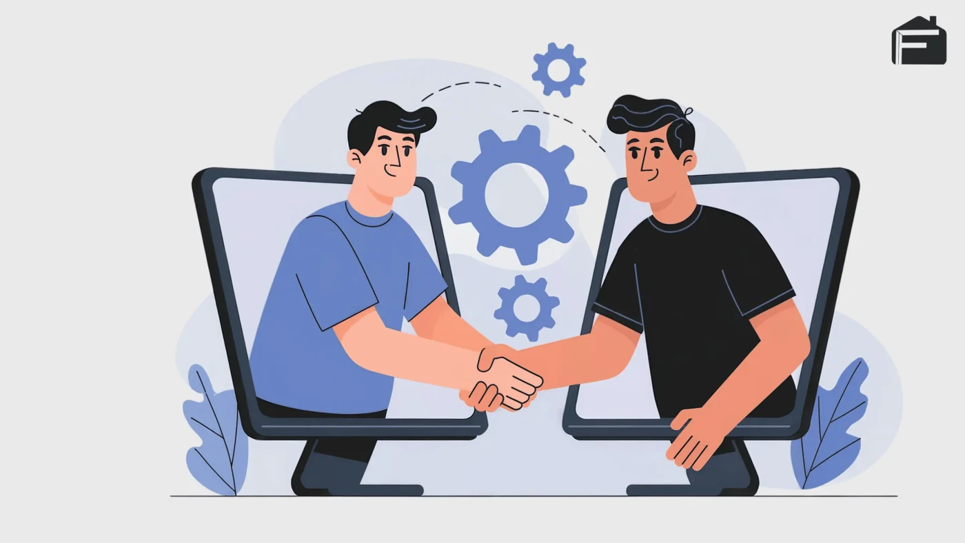 Illustration of two people shaking hands, symbolizing collaboration and teamwork in a digital setting.