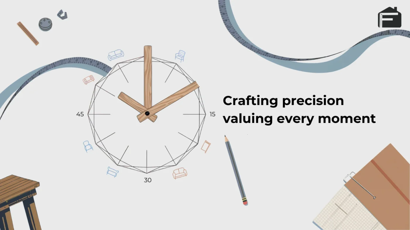 Wooden clock illustration showing the timeline for custom wood furniture, emphasizing precision and craftsmanship.