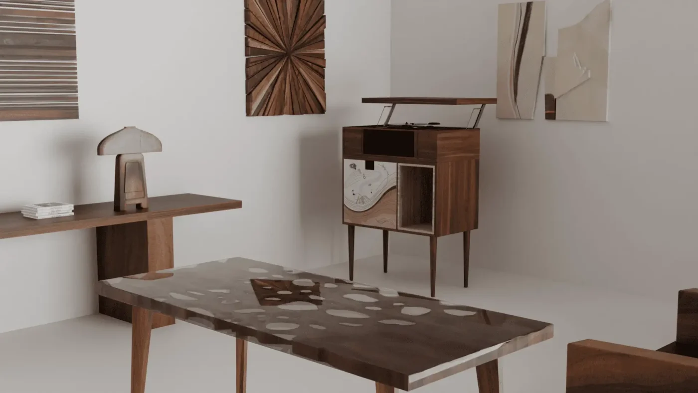 Unique concepts featuring sustainable luxury furniture, including a handcrafted wooden turntable and artistic designer table.